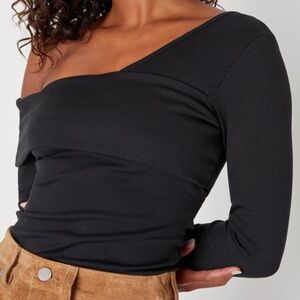 Lulus My Charming Ways Black Ribbed One-shoulder Top - Size S